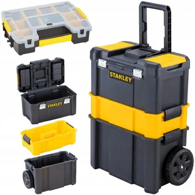 Image de Atelier mobile Stanley avec roues et organiseur, boîte à outils professionnelle 3 en 1 pour le rangement d'outils manuels et électriques, noir et jaune