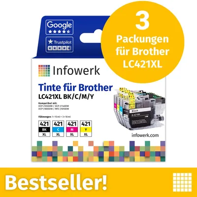 Produktbild von Infowerk Tintenpatronen für Brother LC421XL, Multipack (BK/C/M/Y), 3 Stück