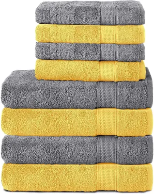 Produktbild von Komfortec 8er Handtuch Set aus 100% Baumwolle, 4 Badetücher 70x140 und 4 Handtücher 50x100 cm, Frottee , Weich,Groß, Anthrazit/Gelb