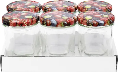 Image de DOSEN-ZENTRALE Schraubdeckelglas Sturz 230 ml mit 66mm TO-Deckel Erdbeerdekor 6er Tray