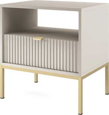 A modern nightstand with a fluted drawer front and gold legs, presented on a white background.