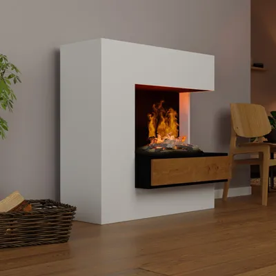 Produktbild von GLOW FIRE Elektrokamin 'Planck' | Wasserdampf Kamin mit OMC 600 inkl. Holz in weiß Rechtsoffen | HxBxT: 109x110x53cm