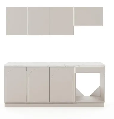 Produktbild von Komplette Küche - Mit Arbeitsplatte 200 cm - Beige und weißer Marmoreffekt - NALYRA