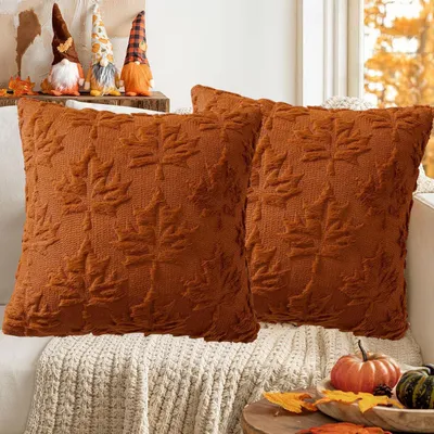 Produktbild von Plüsch Kissenbezüge 45x45cm Herbst Deko Ahornblatt 2 Stück Karamellfarbe