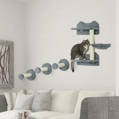 Produktbild von Katzen Kletterwand Set wandmontiert 4-tlg., Kletterstufen Kratzbaum Hängematte, Plüsch Sisal Spanplatte, Grau | 40 x 28 x 73 cm | 8 kg | für Katzen