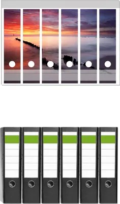 Produktbild von Wallario 6 Stück breite Ordner inkl. Klebeetiketten mit Motive Sandstrand im Sonnenuntergang - Roter Himmel -  Set mit Rückenschildern / Ordnerrücken Stickern