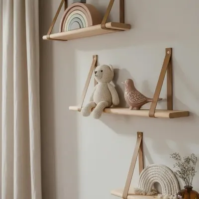 Image de leg&go Étagère flottante 90x15cm, en bois avec lanières en cuir, étagère murale