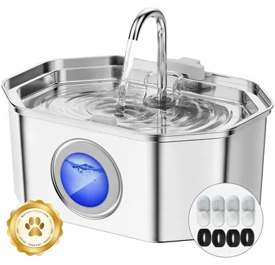 Produktbild von Katzenbrunnen Edelstahl 3.2L mit LED-Wasserstandsanzeige ultraleise für Katze & kleine Hunde