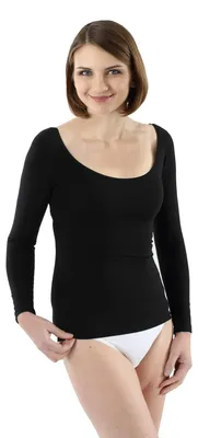 Produktbild von Damen Unterhemd Tiefer Rundausschnitt Langarm Schwarz Stretch-Baumwolle Porto Original: XS