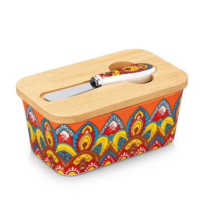 Produktbild von VANCASSO Porzellan Butterdose mit Deckel, Butterbestreichmesser, Boho-Stil, bunt
