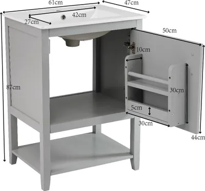Produktbild von okwish Badmöbel Einzelwaschtisch,Badezimmer Möbel Waschtischunterschrank 60 cm mit Keramikwaschbecken,mit Ablage,grau