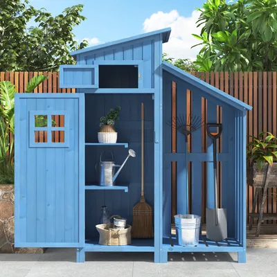 Produktbild von Flieks Geräteschuppen Gerätehaus Holz, Geräteschrank wetterfest Gartenhaus mit 2 Ablagen und Brennholzlagerraum, 110x53x 174 cm, Blau