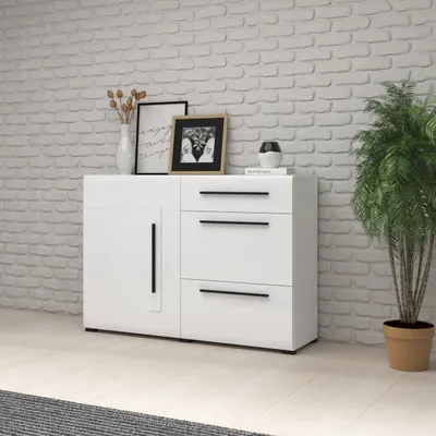 Produktbild von Masseno Kommode TULLIA 120 cm Sideboard mit 3 Schubladen und 1 Türen für Wohnzimmer Schlafzimmer Modern 120x39x86 cm Weiß / Weiß
