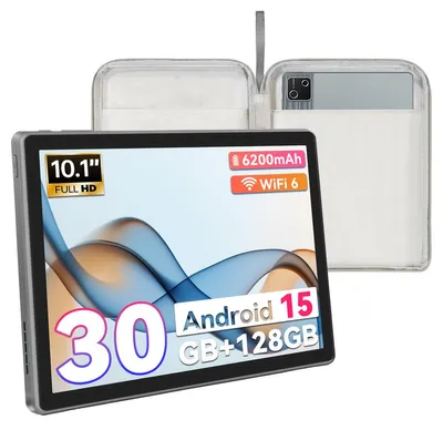 Produktbild von Tablet 10.1 Zoll, 30 GB + 128 GB, Android 15, 6200 mAh, WiFi 6, Kamera 5MP+8MP, mit Tasche