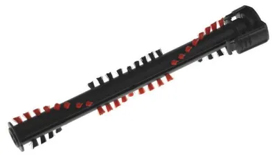 A vacuum cleaner brush roll with black bristles and red accents on a white background.