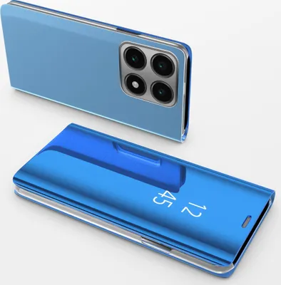 A blue smartphone with a clear view flip case is displayed on a white background.