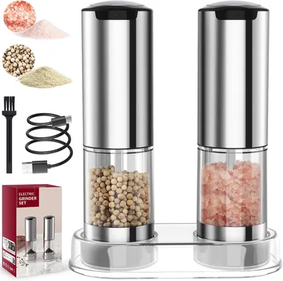 Produktbild von Salz und Pfeffermühle Elektrisch 2er Set, Gewürzmühlen mit keramikmahlwerk & LED-Licht, Edelstahl Salzmühle USB Aufladbar, Einstellbare Grobheit