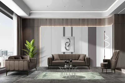 A modern living room with a couch set, coffee table, and artwork.
