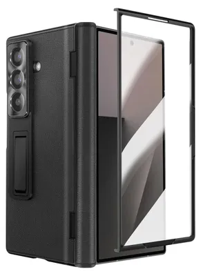 A black phone case for a foldable phone is shown with a screen protector detached.