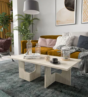 Obrázok produktu pre Skye Decor, moderný konferenčný stolík z travertínu (104 x 37 x 51,7 cm) | 100 % melamínom potiahnutá drevotriesková doska | Rozložený, elegantný a funkčný pre váš domov.