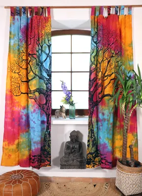 Produktbild von Boho Vorhänge, Gardine (1 Paar ) mit Schlaufen, Handbedruckter Ethno Style Vorhang Lebensbaum - Batik, Mehrfarbig, Baumwolle, 230*100*0,2 cm, Dekovorhänge