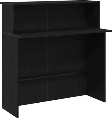 A black wooden bar counter with shelves.