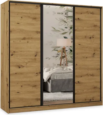 Produktbild von Masseno Schiebetürenschrank TARI 200/205/58 cm Kleiderschrank mit 4 Schubladen Schlafzimmer Schrank 3-türig mit Spiegel Eiche Artisan