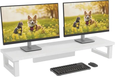 Productafbeelding van PromoHome® Dubbele monitorstandaard, 91x26 cm, bureauplank, in hoogte verstelbaar, geschikt voor 2 schermen of een laptop + monitor, wit