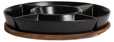 Produktbild von HOMLA FINCAN-Servierplatte mit schwarzen Schälchen und Akazienholz-Untersetzer, 30 cm