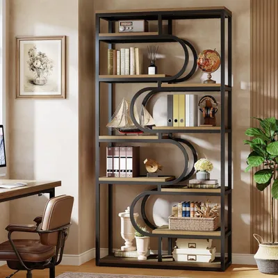 Obrázek produktu pro Pětpatrová knihovna, výška 180 cm, kovový rám, otevřený úložný prostor, retro design, barva hnědá/černá