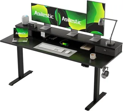 Obrázek produktu pro Stolní psací stůl s nastavitelnou výškou, černý, elektrický počítačový stůl s paměťovou funkcí, rozměry 160 x 60 cm, kancelářský a domácí stůl se dvěma zásuvkami