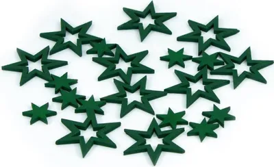 A collection of green wooden stars scattered on a white background.