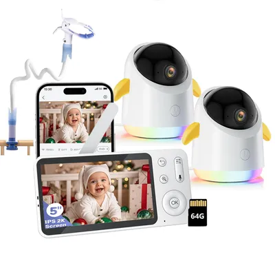 Produktbild von Babyphone mit 2 Kamera und APP 2K 360° 5" WLAN Video Babyfone RGB-Nachtsicht Weinen/Bewegungs/Geräusch-Erkennung 4-facher Zoom mit Halterung & 64G
