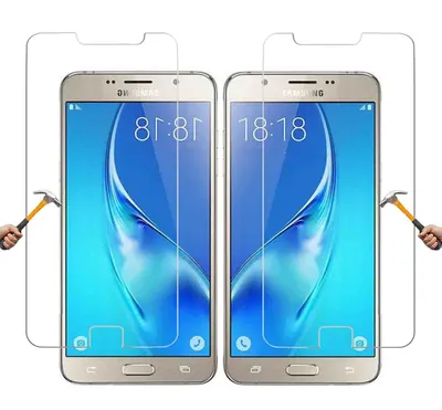 Two Samsung Galaxy J5 2016 phones with screen protectors being demonstrated.