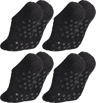Produktbild von 4 Paar Stoppersocken für Damen Herren, Hüttensocken Haussocken Hausschuhsocken Wärmesocken Wintersocken Antirutschsocken Flauschige Socken, Socken mit Noppen Schwarz