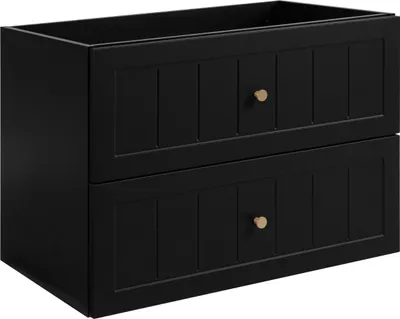 A black bathroom cabinet with two drawers and gold knobs is shown against a white background.