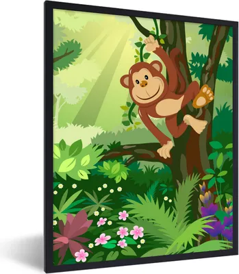 Produktbild von MuchoWow® Gerahmtes Poster Affe - Dschungel - Jungen - Mädchen - Blumen - Kinder 60x80 cm - Poster mit Schwarzem Bilderrahmen Wandposter Rahmen Foto Bilder - Premium - Wanddeko Wohnzimmer