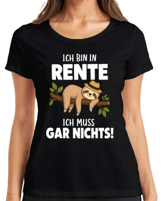 Productafbeelding van Ik ben met pensioen, ik hoef helemaal niets te doen. Luierdier-opdruk. Sarcasme. Dames T-shirt, zwart, maat M