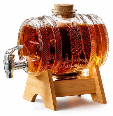 Whiskykaraf 1000 ml, vatförmig, mit Zapfhahn und Holzsockel