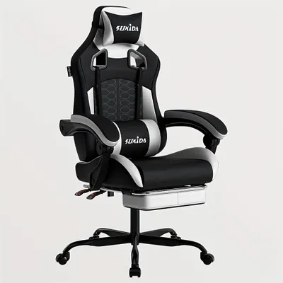 Obrázok produktu pre Ergonomická herná stolička s nastaviteľnou opierkou nôh, potiahnutá umelou kožou (PU), v čiernej farbe