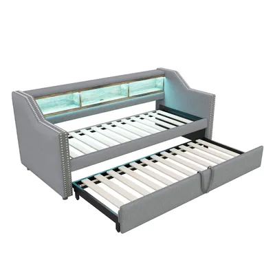 Produktbild von Flieks Polsterbett Schlafsofa 90x190cm/180x190cm, Tagesbett Daybed mit Unterbett, Holzbett Sofabett mit USB und LED, Funktionsbett Leinen, Hellgrau
