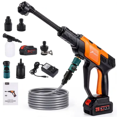 Obrázok produktu pre Akumulátorový vysokotlakový čistič HCALORY, bezuhlíkový motor 230 W, max. 175 barov, priame pripojenie na vodovodný kohútik, 2x batérie 4000 mAh