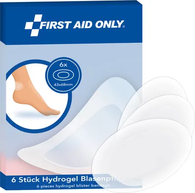 Produktbild von First Aid Only Hydrogel Blasenpflaster 6 Stück | Ovale Pflaster 43 x 68 mm, transparent & wasserabweisend | schützt, kühlt und fördert die Heilung | flexible mit perfekter Anpassung | P-10070