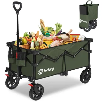Produktbild von Sekey Bollerwagen faltbar 150 kg mit Bremsen, klappbarer Handwagen für Garten und Ausflug, Grün