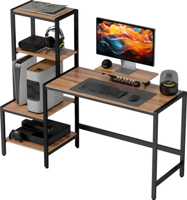 Produktbild von Computertisch mit Monitorständer, Schreibtisch mit 4-stufigem Regal, Industrielles Design, Braun