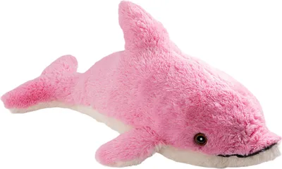 A pink plush dolphin toy is shown against a white background.