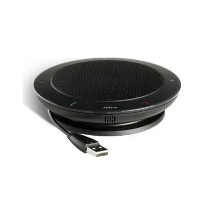 A black Jabra SPEAK 410 VoIP speakerphone with a USB cable attached, shown on a white background.
