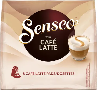 A package of Senseo Cafe Latte coffee pods, with an image of a prepared coffee drink.