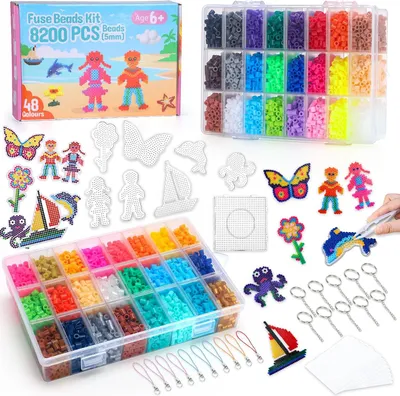 Immagine prodotto di Set di perline termoadesive, 8400 pezzi, 5 mm, 48 colori, con piastre sagomate e accessori, per bambini