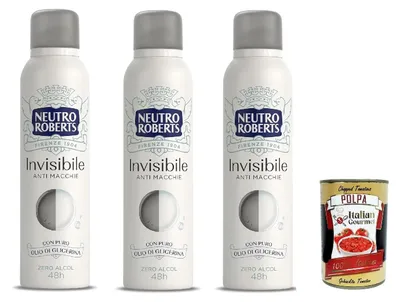 Produktbild von Neutro Roberts, Invisible Deodorant Spray, Zero Alkohol, keine Flecken, mit reinem Glycerinöl, Deodorant für Damen und Herren,  getestet, 3x 150 ml, 48h + Italian Gourmet polpa 400g